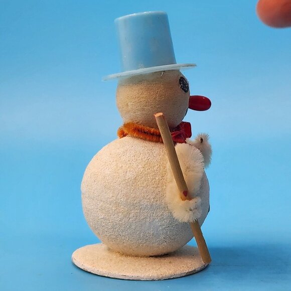 Vintage 1950s Putz Snowman Japan Spun Cotton Mica Snow Blue Hat Chenille Arms - Picture 5 of 8